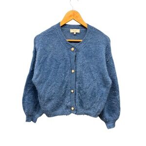 Rihoas Women’s M Blue Fuzzy Knit Cardigan Long Sleeve‎ Soft Sweater Pearl Button